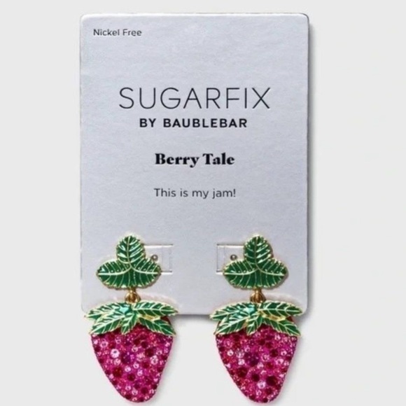 NWT 🍓Sugarfix Baublebar Berry Tale This Is My Jam Strawberry Drop Earrings Pink - Picture 3 of 5